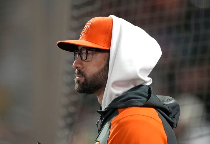 SAN FRANCISCO, CALIFORNIA - MAY 10: Manager Gabe Kapler #19 of the San Francisco Giants looks on from the dugout against the Colorado Rockies in the top of the seventh inning at Oracle Park on May 10, 2022 in San Francisco, California. (Photo by Thearon W. Henderson/Getty Images)