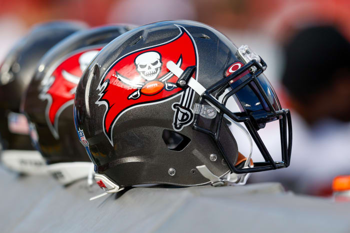 TAMPA, FL - JANUARY 23: Tampa Bay Buccaneers helmet during the NFC Divisional playoff game between the Los Angeles Rams and the Tampa Bay Buccaneers on January 23, 2022, at Raymond James Stadium in Tampa, FL.  (Photo by Jordon Kelly/Icon Sportswire via Getty Images)