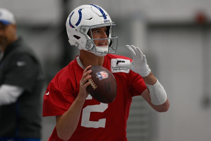 Matt Ryan attempting a pass for the Colts during offseason workouts.