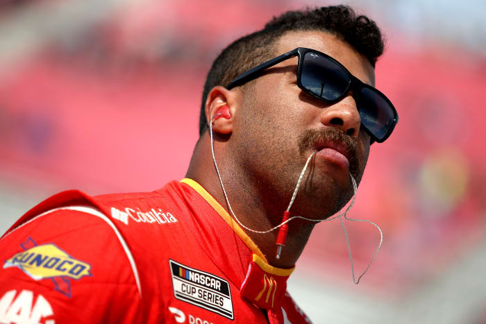 MADISON, IL - JUNE 4: Bubba Wallace, driver of #23 McDonald's Toyota, looks on during the NASCAR Cup Series Enjoy Illinois 300 Series qualifiers at WWT Raceway on June 4, 2022 in Madison, Illinois.  (Photo by Sean Gardner/Getty Images)