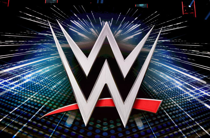 LAS VEGAS, NV - OCTOBER 11: A WWE logo is displayed on a screen before the WWE Press Conference at T-Mobile Arena on October 11, 2019 in Las Vegas, Nevada.  WWE wrestler Braun Strowman takes on heavyweight boxer Tyson Fury while former WWE Champion Brock Lesnar takes on former UFC heavyweight at WWE's Crown Jewel event on October 31 at Fahd International Stadium in Riyadh, Saudi Arabia. It was announced that he will face world champion Kane Velázquez. Ethan Miller/Getty Images)