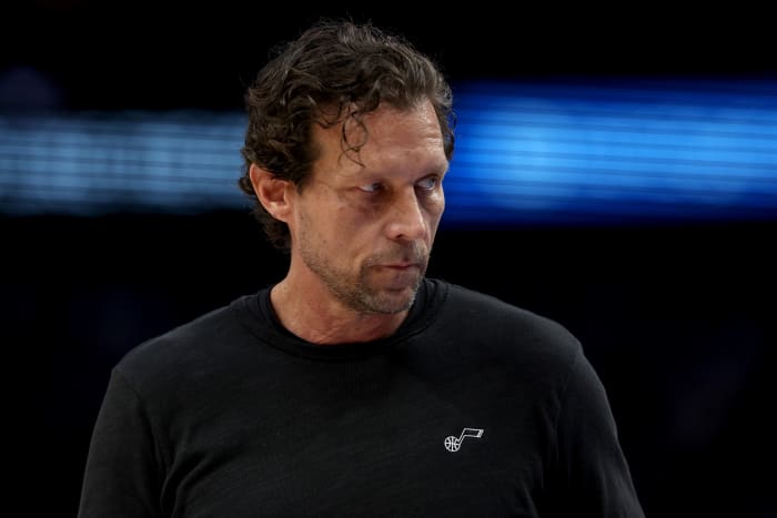 DALLAS, TEXAS - APRIL 16: Head coach Quin Snyder reacts as the Utah Jazz take on the Dallas Mavericks in the second quarter of Game One of the Western Conference First Round NBA Playoffs at American Airlines Center on April 16, 2022 in Dallas, Texas. NOTE TO USER: User expressly acknowledges and agrees that, by downloading and or using this photograph, User is consenting to the terms and conditions of the Getty Images License Agreement. (Photo by Tom Pennington/Getty Images)
