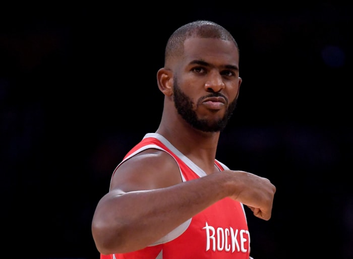 A closeup of Chris Paul during a game.