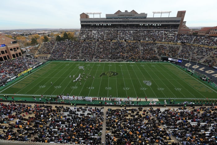 A general view of Colorado's football field during a game. The Buffs host the USC Trojans tonight.