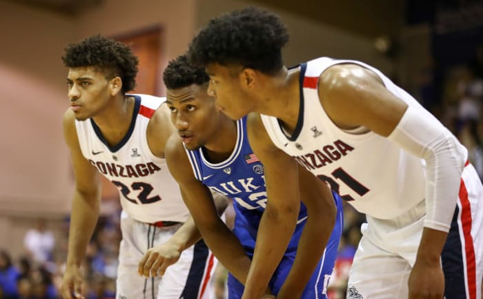 Duke and Gonzaga players lining up for a free throw attempt.