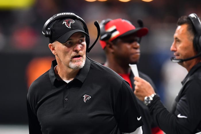 A closeup of Atlanta Falcons coach Dan Quinn.