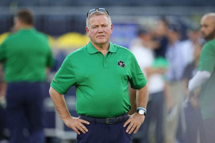 A closeup of Brian Kelly during a Notre Dame football game.