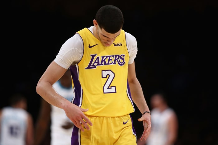 A closeup of Lonzo Ball in his yellow Los Angeles Lakers uniform.