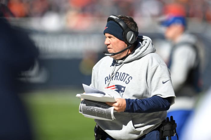 A closeup of New England Patriots coach Bill Belichick during a game.