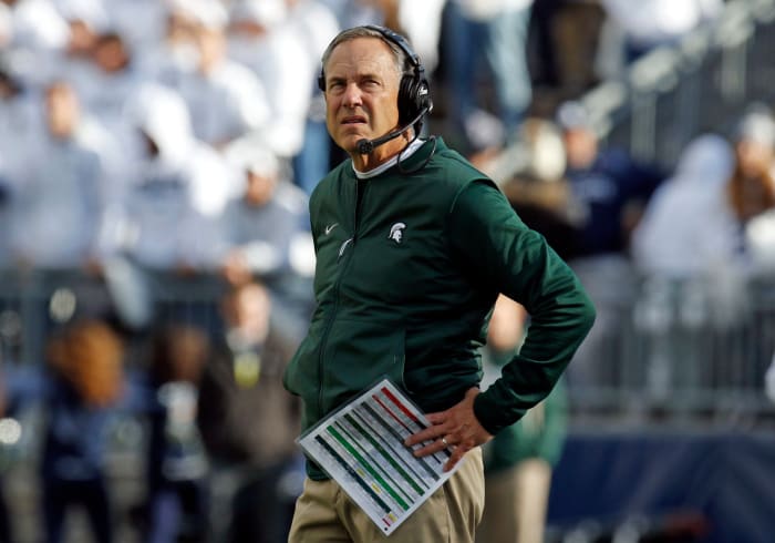 A closeup of Mark Dantonio during a Michigan State football game.