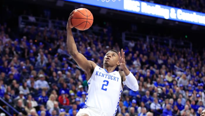 Kentucky basketball star Ashton Hagans rises for a layup.