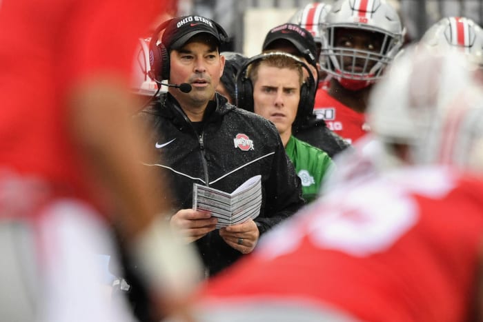 Ohio State's Ryan Day watches the game against Wisconsin.