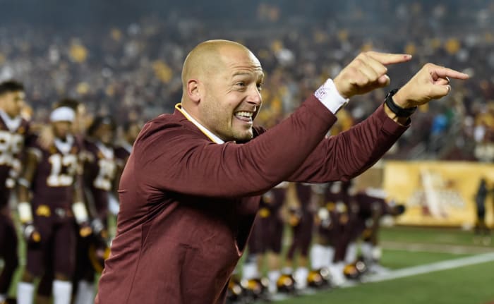 A closeup of Minnesota Gophers football coach P.J. Fleck.