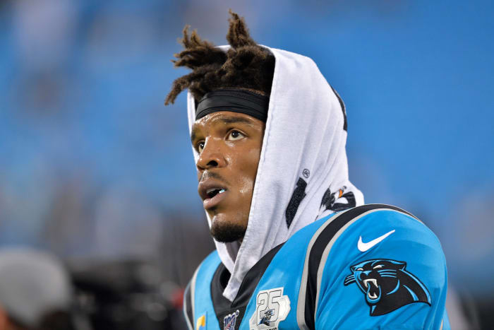 Cam Newton on the sideline during a game against Tampa Bay.