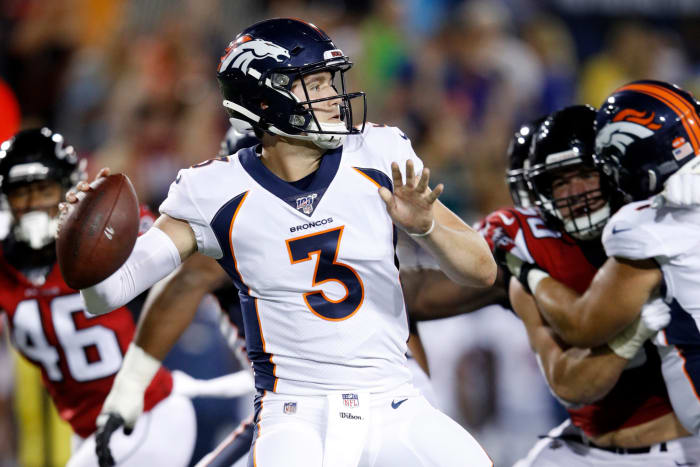 Drew Lock throws a pass against the Atlanta Falcons.