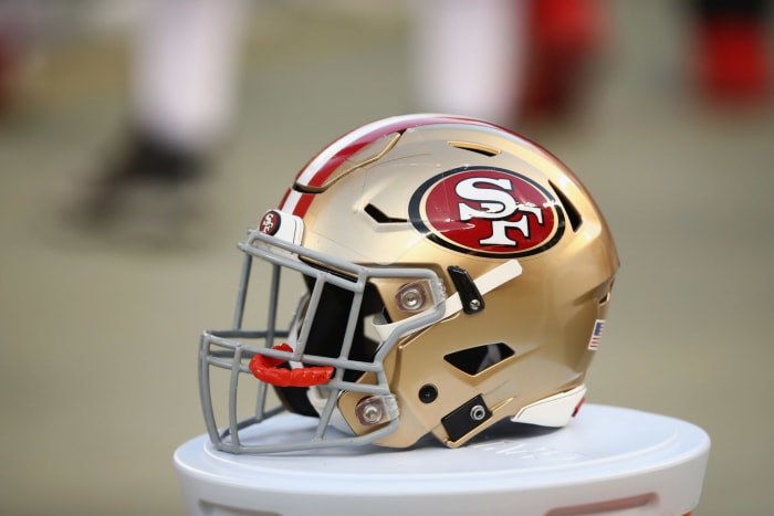 A closeup of a 49ers football helmet.  Kyle Shanahan revealed his starter between Jimmy Garoppolo and Nick Mullens ahead of Week 3.