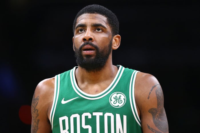 A closeup of Kyrie Irving during a game.