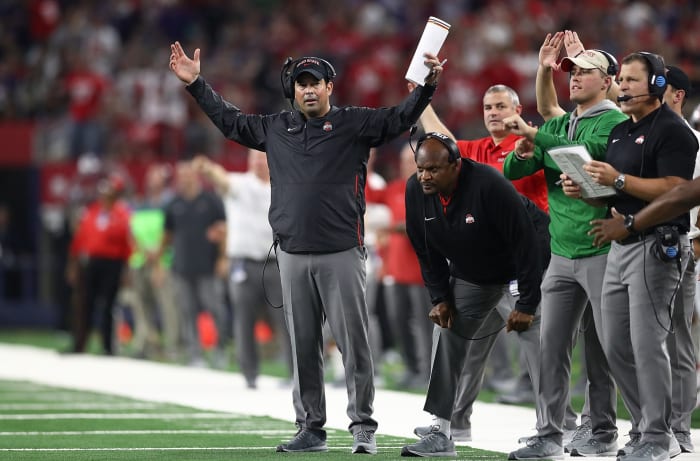Ryan Day coaching at an Ohio State football game.