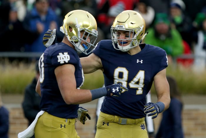 Notre Dame's Cole Kmet and Durham Smythe celebrate a touchdown.