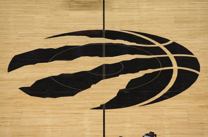 The center of the Toronto Raptors court.