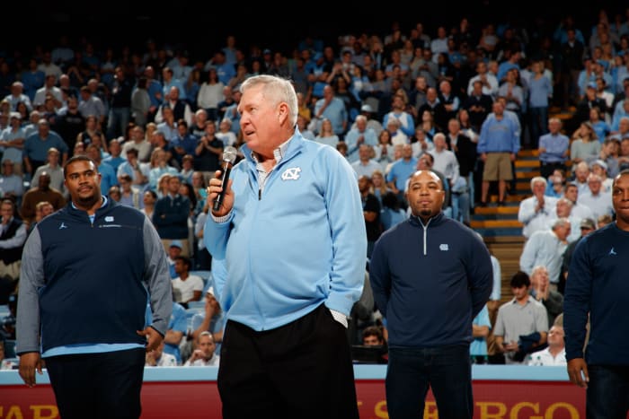 New UNC head coach Mack Brown addresses the crowd at North Carolina.