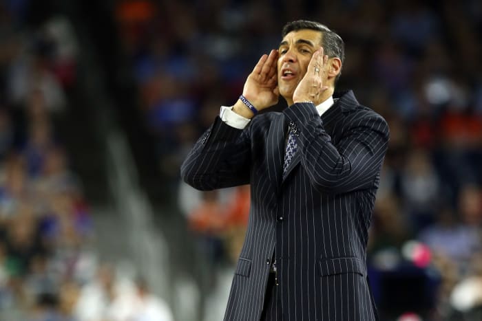 A closeup of Jay Wright during a Villanova basketball game.