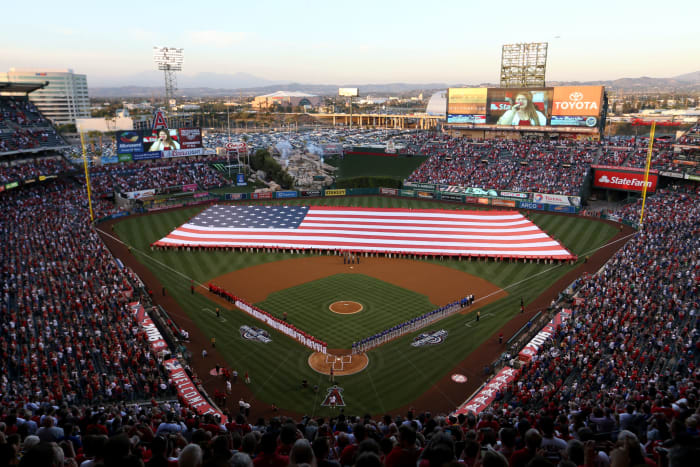 A baseball flag on a field before a game.