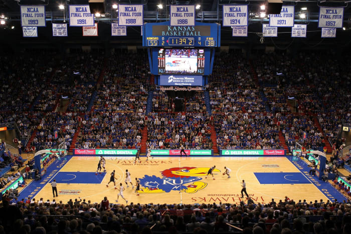 A general view of the Kansas Jayhawks basketball court.
