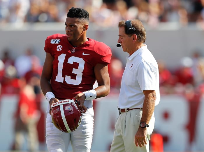 Alabama quarterback Tua Tagovailoa with his head coach, Nick Saban.