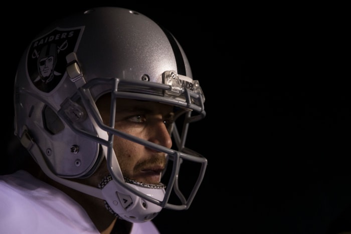 A closeup of Derek Carr.