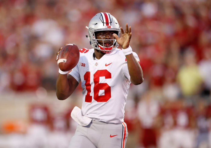 J.T. Barrett #16 of the Ohio State Buckeyes throws a passl during the game against the Indiana Hoosiers at Memorial Stadium.