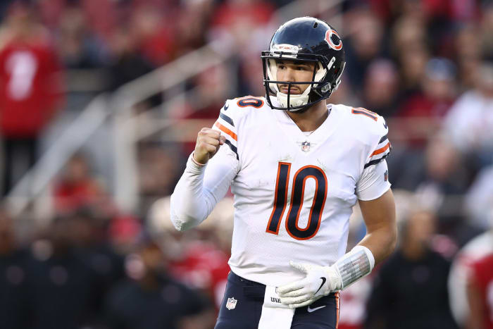 Bears QB Mitch Trubisky celebrating during a game.