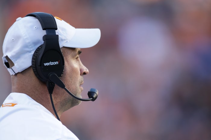Jeremy Pruitt looks onto the field during a Tennessee game. He finds himself on the hot seat after a poor start.