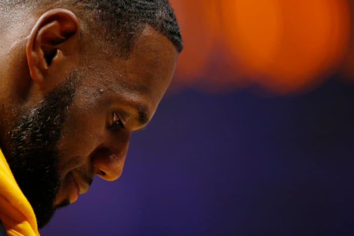 An extreme closeup of LeBron James' face.
