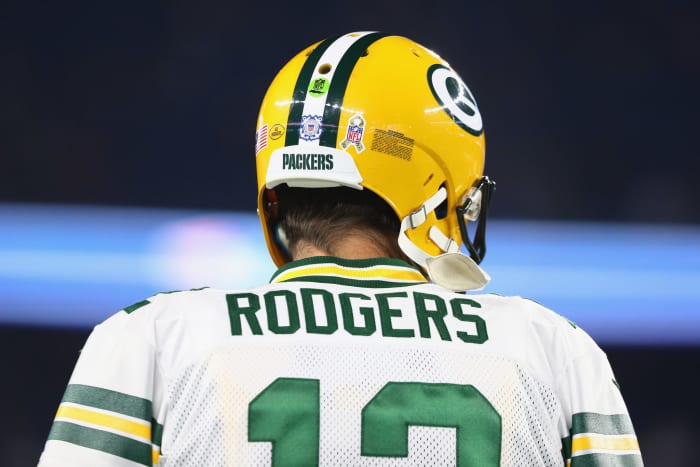 A closeup of Aaron Rodgers.