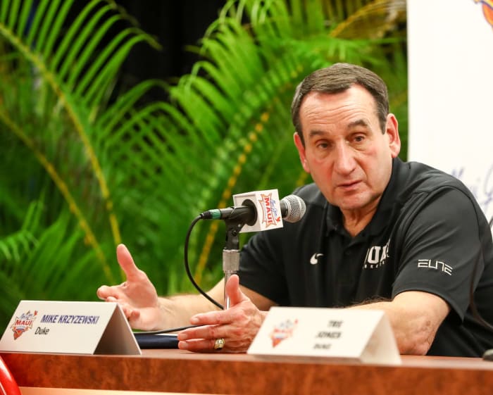 Duke basketball's Coach K speaking to the media.