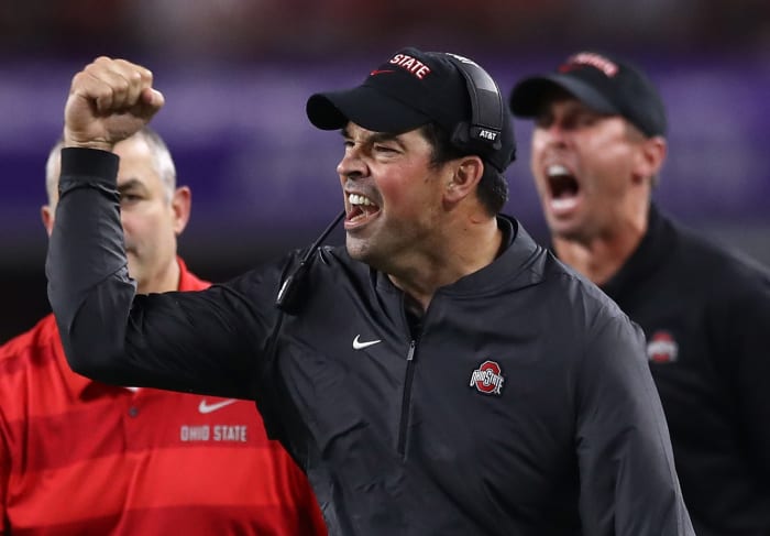 Ohio State football coach Ryan Day celebrating during a football game.