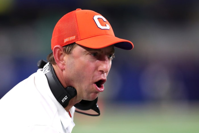 A closeup of Clemson football coach Dabo Swinney.