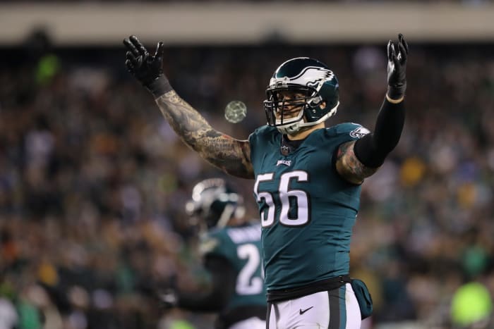 Philadelphia Eagles defensive end Chris Long pumps up the crowd.