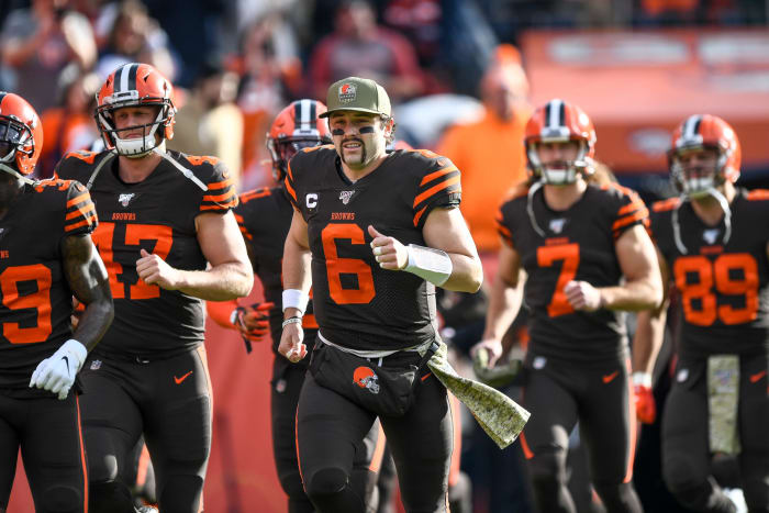 Baker Mayfield with his mustache ahead of the Cleveland Browns game at the Denver Broncos.