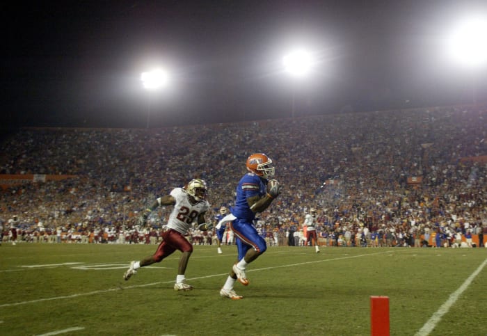Percy Harvin catching a touchdown pass during a Florida football game.