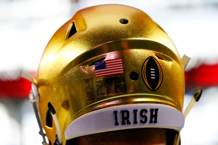 A closeup of a Notre Dame football helmet.
