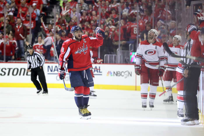 Alex Ovechkin skating during a playoff game.