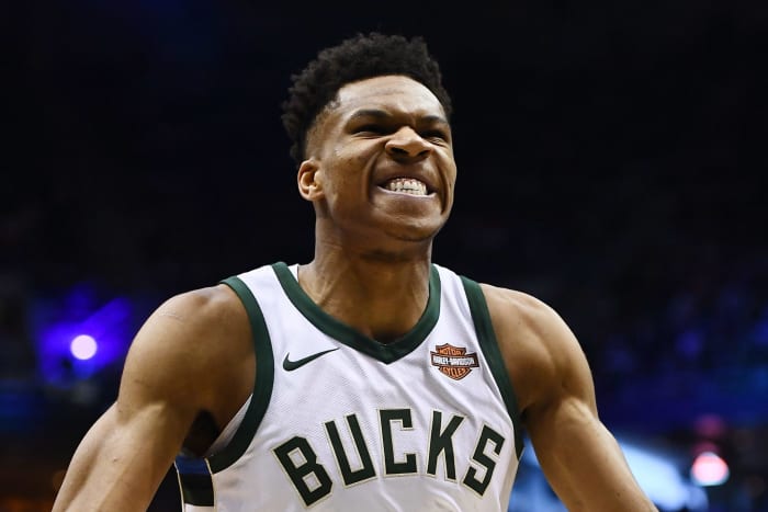 A closeup of Giannis Antetokounmpo in his Milwaukee Bucks uniform.