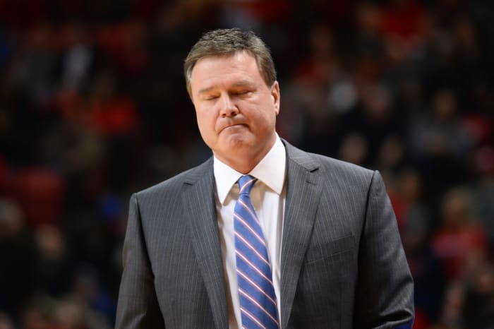 Kansas basketball head coach Bill Self looking distressed during a Jayhawks game.
