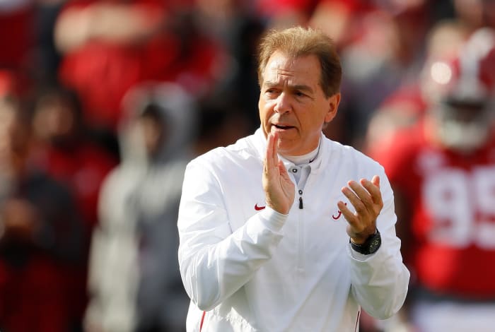 A closeup of Nick Saban of the Alabama Crimson Tide.