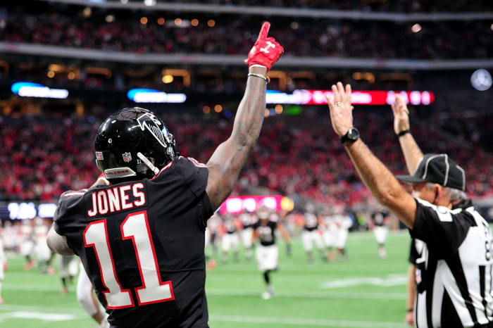 Atlanta Falcons superstar Julio Jones celebrating a touchdown reception.