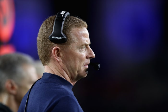 A closeup of Jason Garrett during a Dallas Cowboys game.