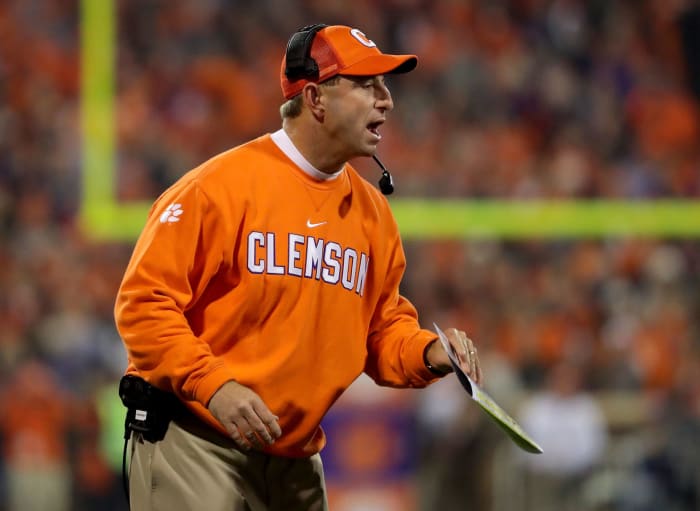 Dabo Swinney reacts on the Clemson sidelines against South Carolina.