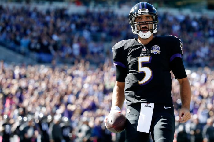 joe flacco celebrates a touchdown during the 2018 season